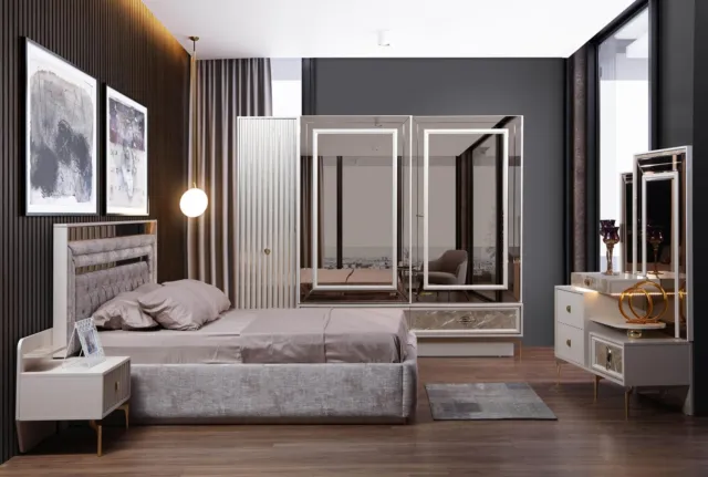 Moderne Complet Chambre à Coucher Set Design Lit 2x Nachttische 5tlg