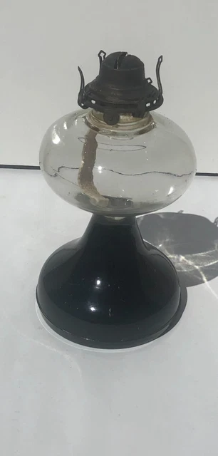 Vintage Oil Lamp, Black & Clear Glass, w/Queen Anne #2 Burner