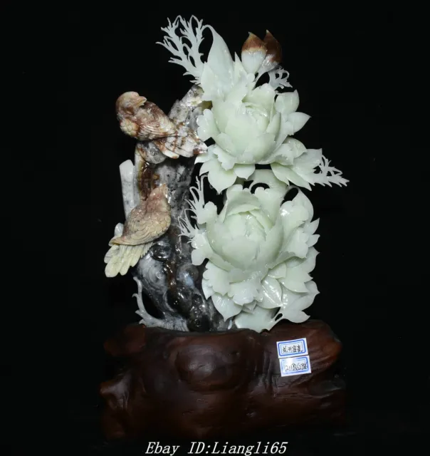 100% Natürliche Xiu Jade Pure Hand Elster Vogel Pfingstrose Blume Statue