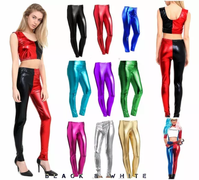 Neu Damen American Foil glänzende Leggings Disco Dance Stretch PVC Nasslook UK 8-26