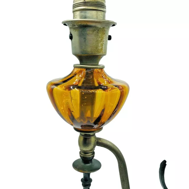 Antique Metal Scroll Table Lamp Hand Blown Amber Glass c.1920's TESTED 2