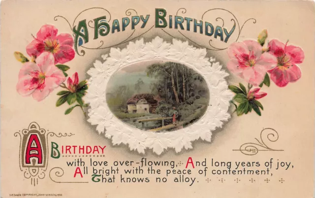 Winsch Birthday Postcard Inset Rural Scene With Flowers & Poem 1910 100322 R