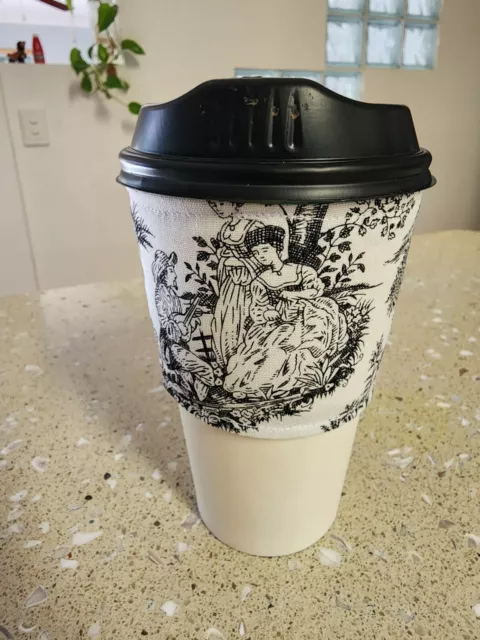Handmade Coffee Cozy - Continuous - Reversible  Black and White Toile Print