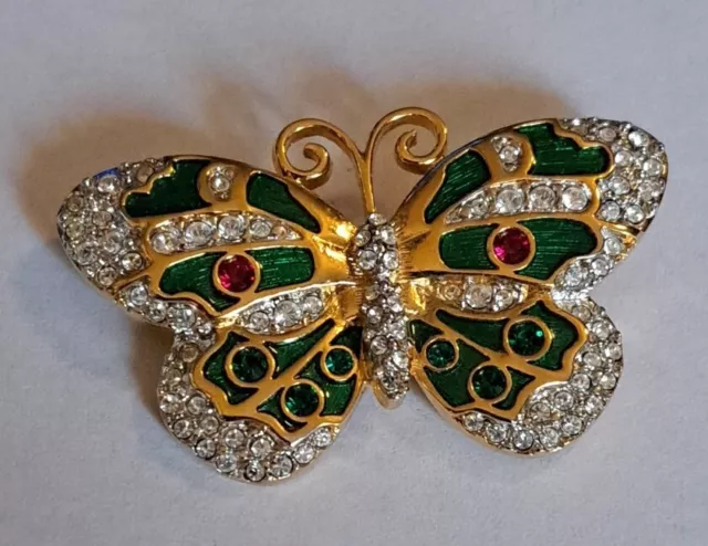 Swarovski Signed Swan Green Enamel Crystals Gold Tone Butterfly Brooch Pin