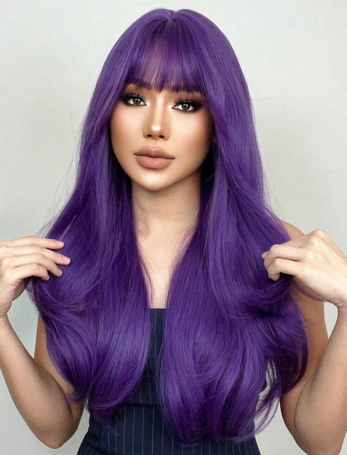 Perruque Courte Synthétique Violet Prune/fushia Ondulée Avec Frange - Taille Moyenne, Résistante à La Chaleur
