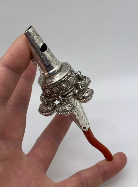 John Bettridge - 1829 - Georgian Silver Baby Rattle Whistle Coral Bells Doll