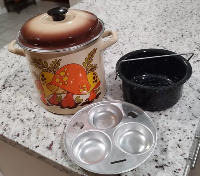 De colección años 70 GHC 4 Qt olla esmaltada de hongos + cazador furtivo de huevos + cesta de freír/vapor