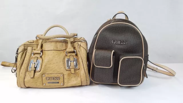 Lot Of 2 Guess Women's Brown Beige Leather Inner Pockets Satchel Bag & Backpack