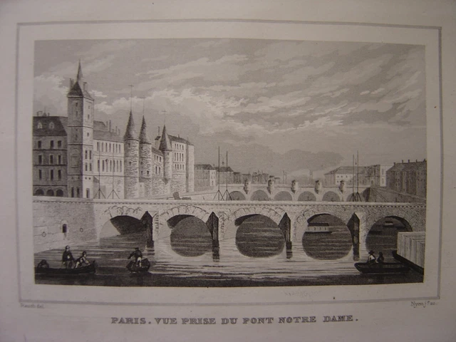 Engraving of PARIS view taken from the Pont Notre Dame circa 1840