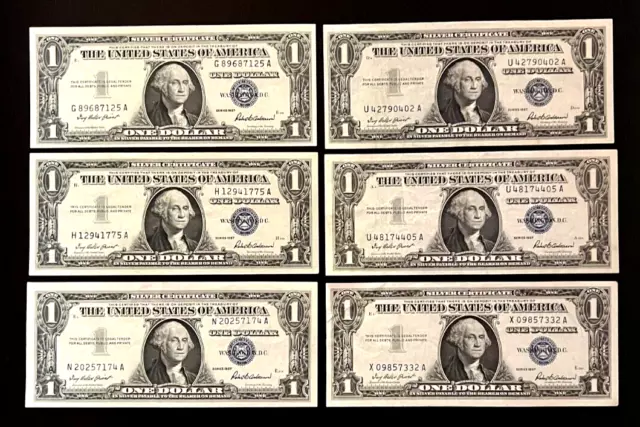 (6) 1957 $1.00 Us Silver Certificate, Blue Seal, Crisp Uncirculated
