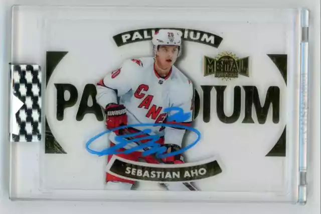 Sebastian Aho 2019-20 UD Clear Cut Metal Universe Palladium Auto #T-SA Carolina