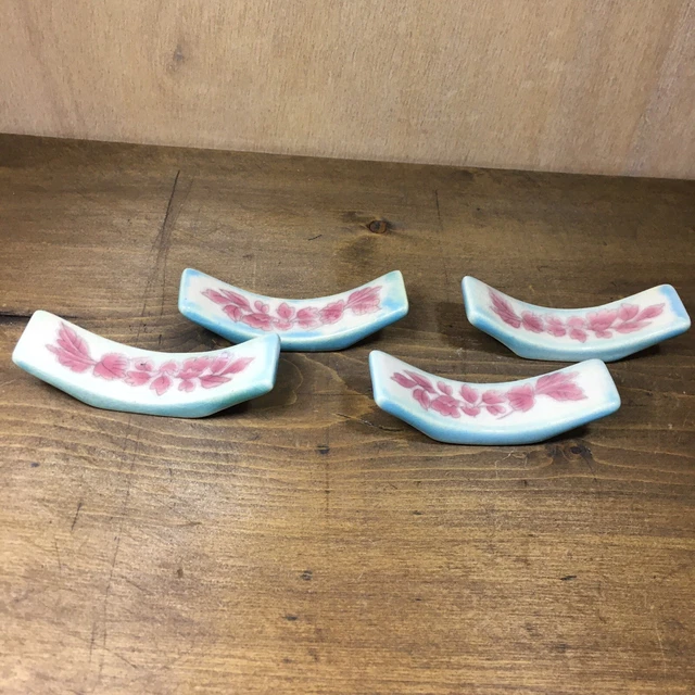 Vintage Chopstick Holder Rest Stoneware Floral Leaves Handpainted Set of 4