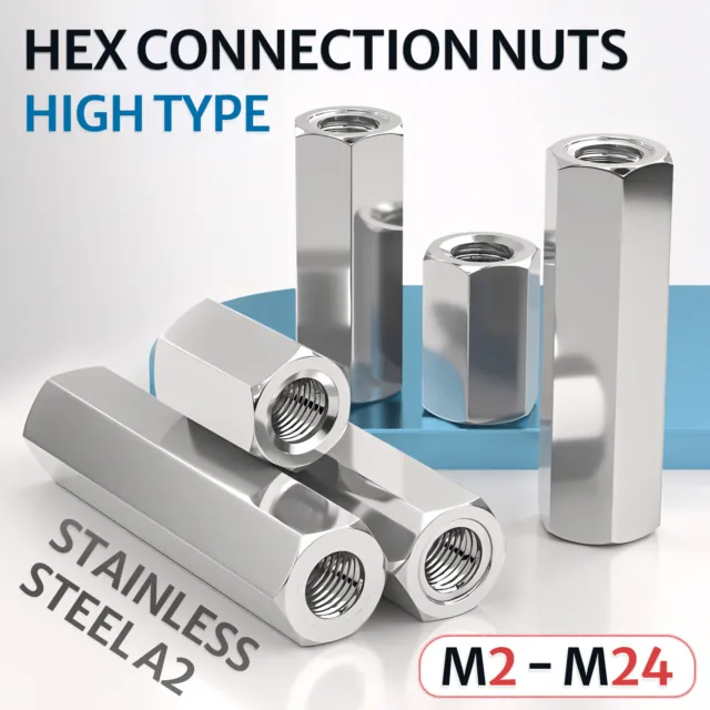 High Hex Connection Nuts Hexagon Connector Rod Bar Long Nut Stainless Steel A2