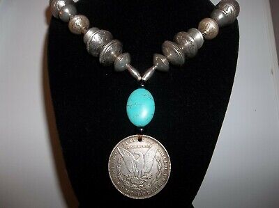 Navajo Coin Silver Mercury Dime Morgan Eagle Squash Blossom Necklace Old Pawn