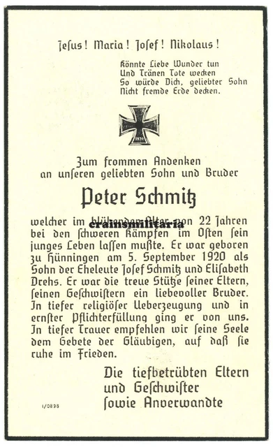 Orig. Sterbebild Grenadier ° Büllingen Belgien + bei CHARKOW Ukraine 1942