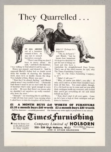 The Times Furnishing Co Ltd, Holbern, London Vintage Advert 1934 9.75" x 6.75"