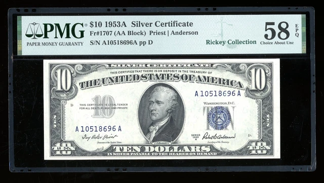DBR 1953-A $10 Silver Fr. 1707 PMG 58 EPQ Serial A10518696A
