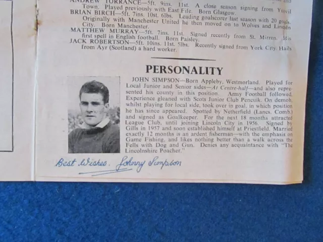 HAND SIGNED - Johnny Simpson - Gillingham v Barrow 10/9/58 Programme