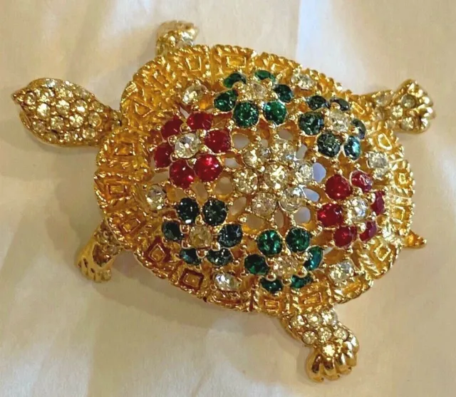 Amazing Vintage Ciner Signed Multi Colored Crystal Turtle Brooch Pin