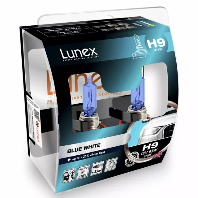 2x Lunex Blue White H9 3700K 65W 12V Lampadine per fari PGJ19-5 Hard Case