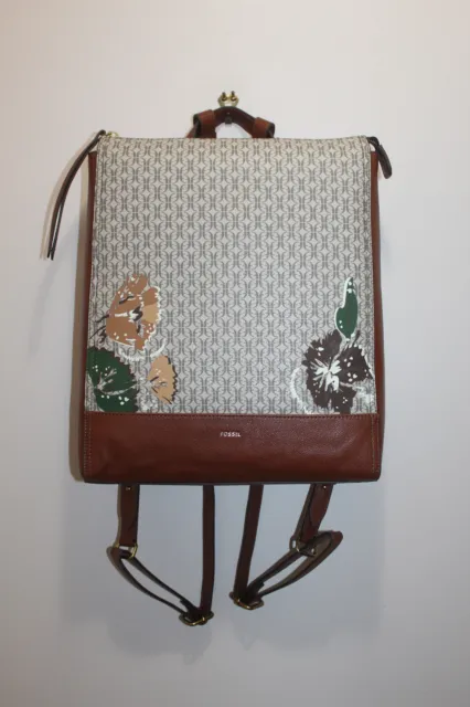 FOSSIL ELINA BACKPACK CONVERTIBLE PVC w/ LEATHER TRIM FLORAL NATURAL BEIGE