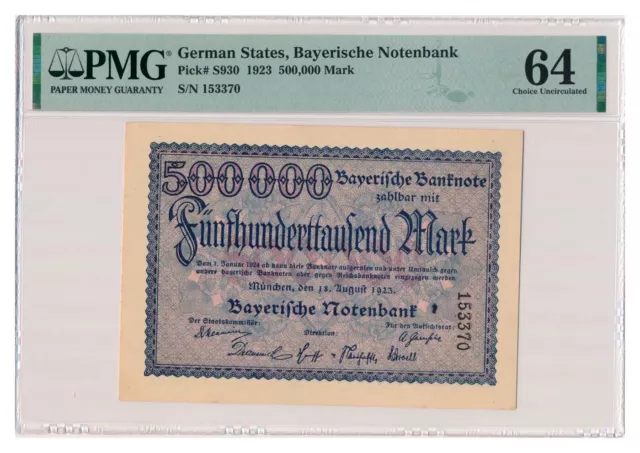 GERMAN STATES (BAVARIA) banknote 500.000 Mark 1923 PMG MS 64 Choice Uncirculated