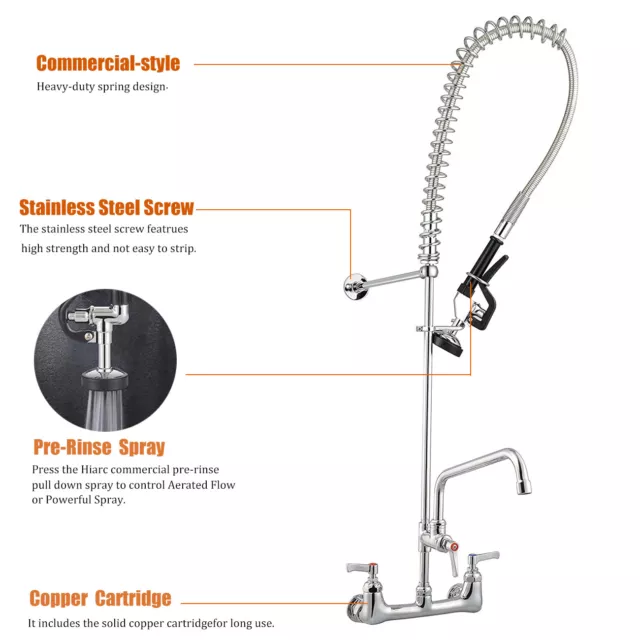 12" Commercial Pre-Rinse Kitchen Sink Faucet Pull Down Sprayer Mixer Tap Add-On 3