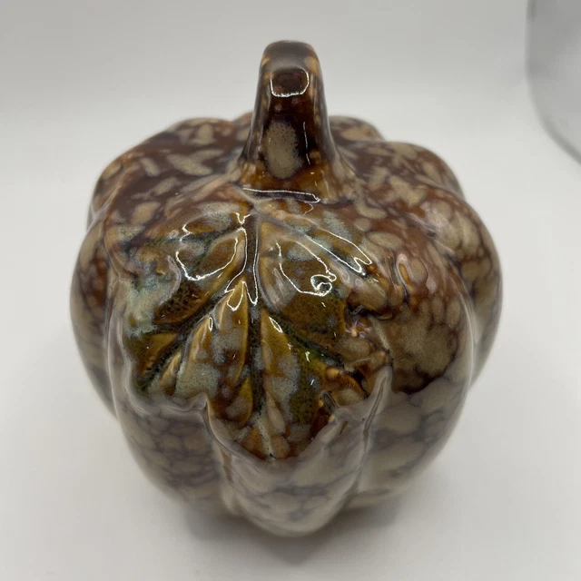 Glazed Ceramic Speckled Fall Pumpkin With Leaf Decoration Thanksgiving 3.5 X 3
