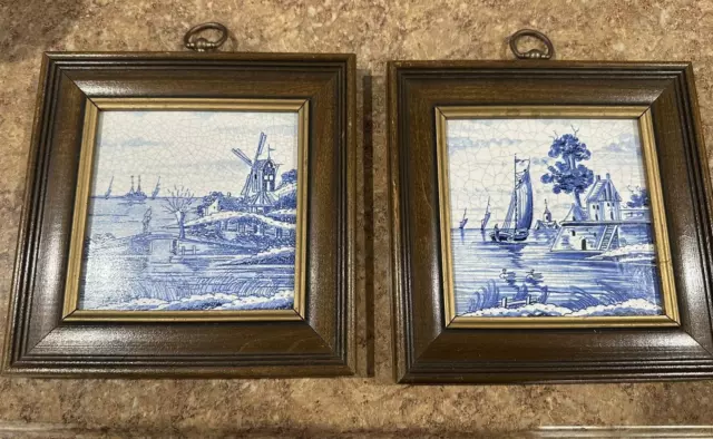 TWO 8x8" Framed Delft Blue Hand Painted Tiles Wind Mill & Sailboat LANDSCAPES