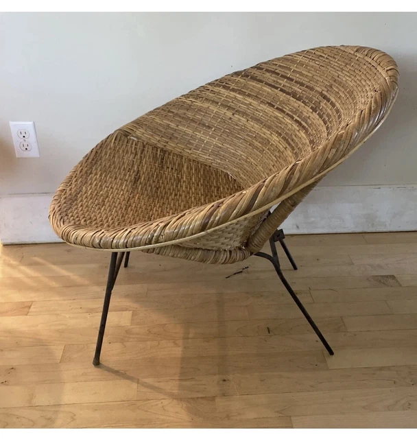 VINTAGE MID CENTURY Modern CHAIR Wicker Rattan Cane Iron Hoop Scoop