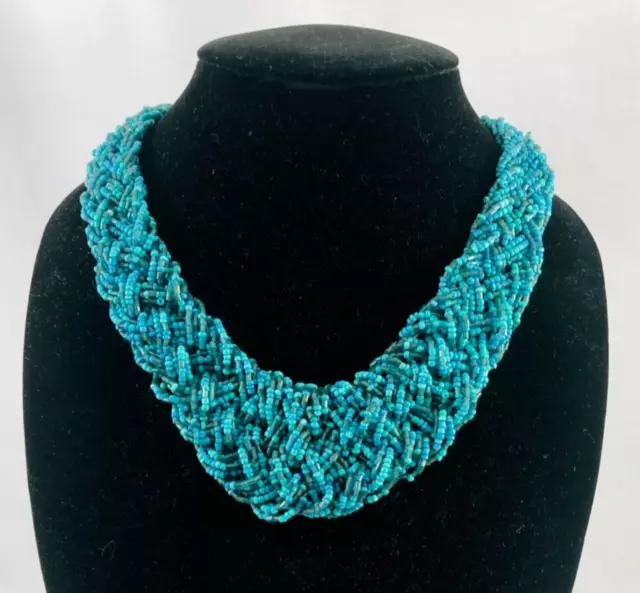 Teal & Dark Blue Seed Bead Braided Woven Chunky Statement Collar Necklace