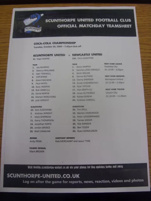 20/10/2009 Colour Teamsheet: Scunthorpe United v Newcastle United [Copy Of Origi