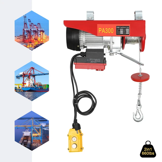 660LBS Electric Cable Hoist Crane Winch Garage Lift Wired&Wireless Remote Contro