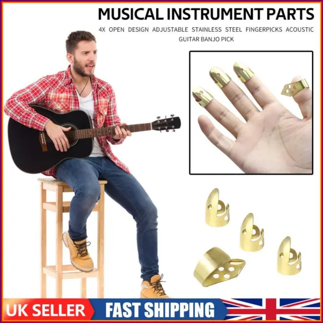Adjustable 3 Finger Picks + 1 Thumb Pick Acoustic Guitar Banjo Pick (Gold)