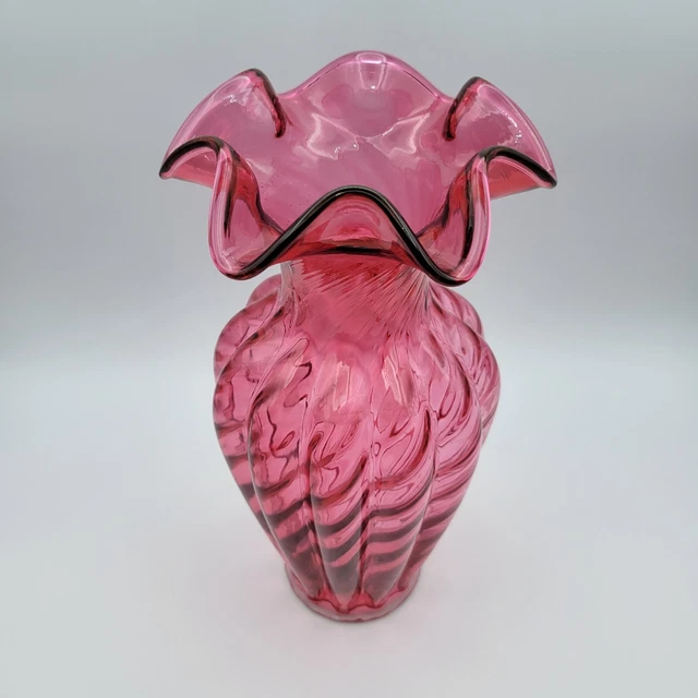 FENTON LARGE CRANBERRY Glass Vase Ruffle Top Optic Swirl $40.00 - PicClick