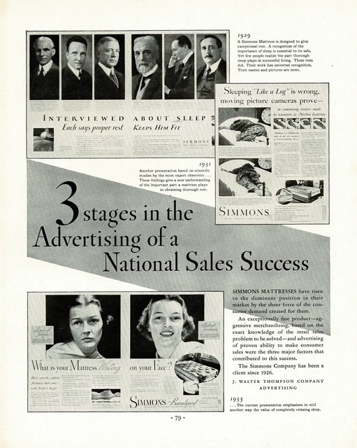1930s BIG Original Vintage Simmons Bed Mattress Photo Print Ad