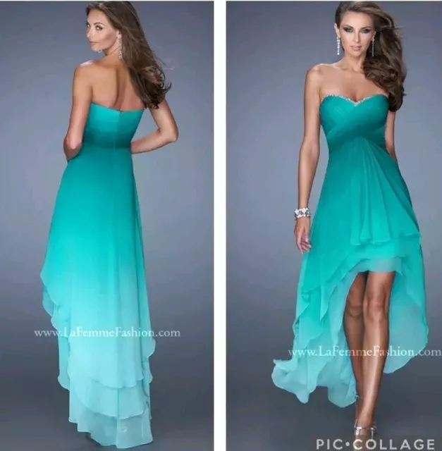 LA FEMME Teal Ombre Dress Grad Gown Womens 6 Hi Low #19467 Turquoise Strapless