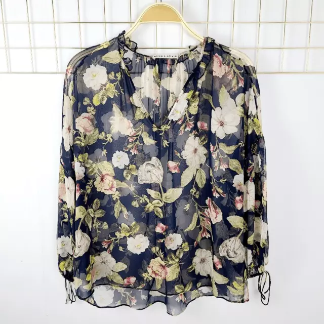 Alice + Olivia Top Womens Small Navy Floral Print Silk Sheer Boho Blouse-Read