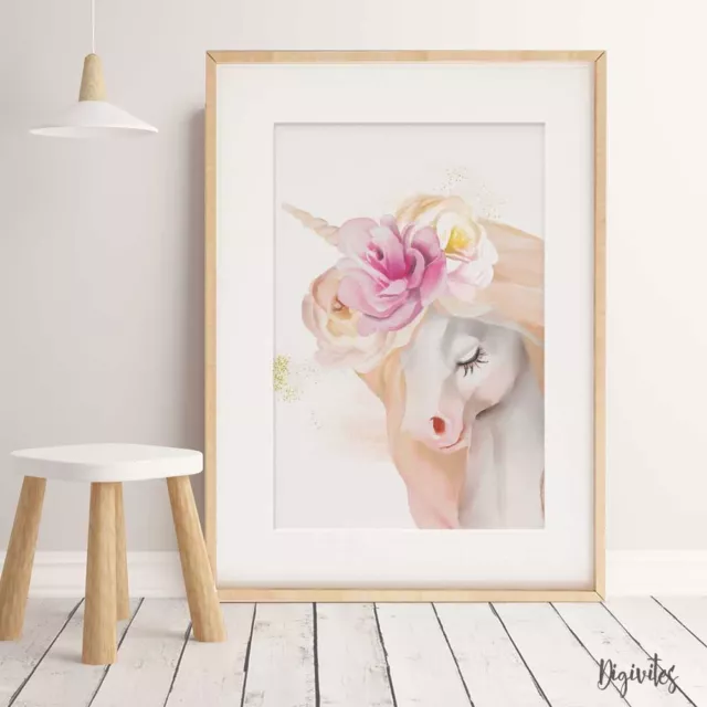 Girl Nursery or Bedroom Watercolour Unicorn Wall Art prints. Magical floral Art 2