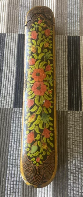 Persian Qalamdan Lacquer Covered Paper Mache Hand Painted Scribe Box