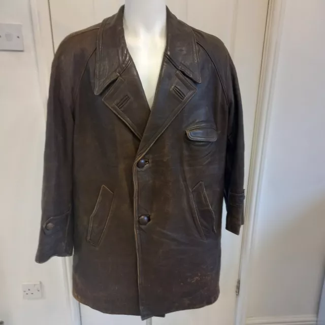 Vintage Heavy Leather 1950s Brown Jacket Button Overcoat  44" Large 409
