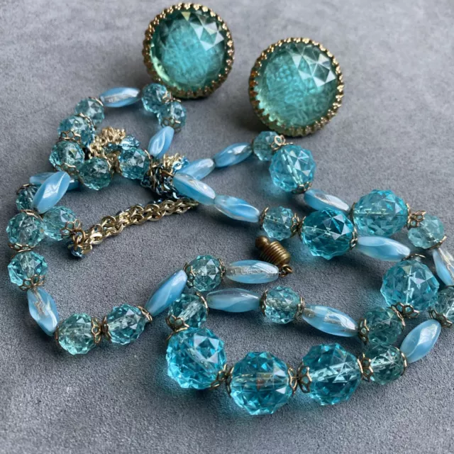 Vintage Hobe Blue And Gold Tone Necklace And Earrings Set