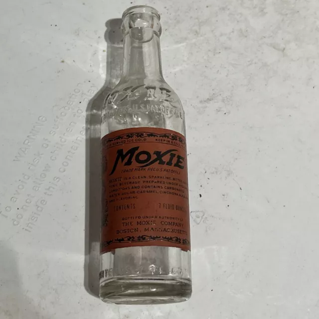 MOXIE 7oz SODA BOTTLE w/Perfect LABEL BOSTON MASS ADVERTISING Adams Bottling PA