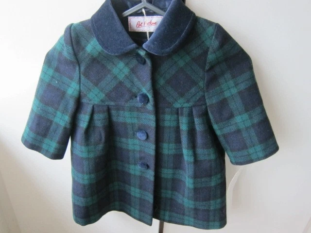 PAT PERKINS ENGLAND - Cappotto di lana bambino a quadretti vintage 6/12 mesi colletto di velluto