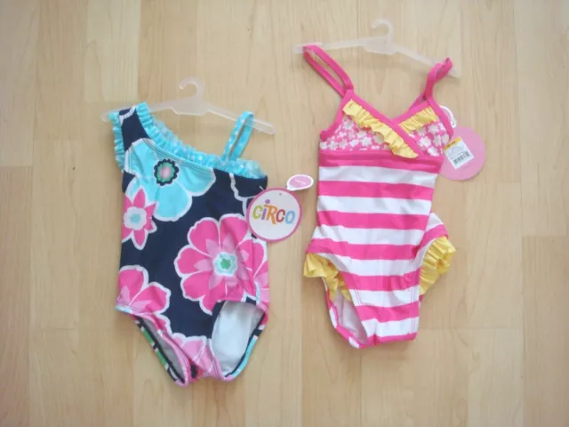 NWT 2 pc Baby Girl CIRCO Swimsuits UPF+50 Navy Floral Pink Stripe S/M 6-12 Month