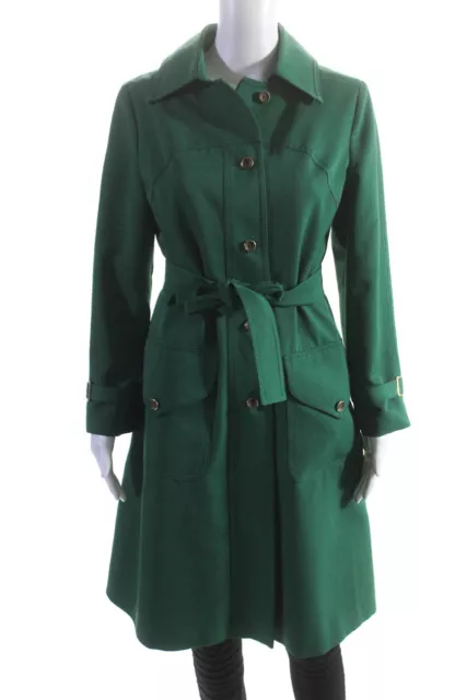 Forecaster of Boston Womens Green Woven Belted Long Sleeve Trench Coat Size 8