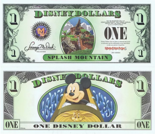 WDW 2014 $1 D 5 Digit MINT #D013601 SPLASH MOUNTAIN MICKEY Disney Dollar Dollars
