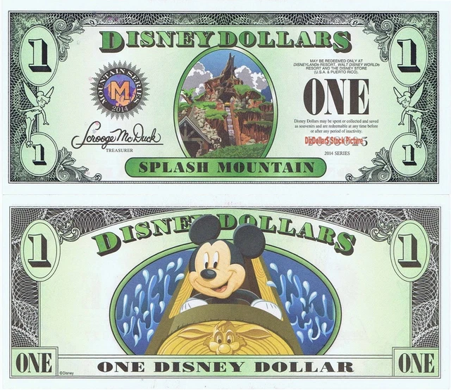 WDW 2014 $1 D 5 Digit MINT #D013601 SPLASH MOUNTAIN MICKEY Disney Dollar Dollars