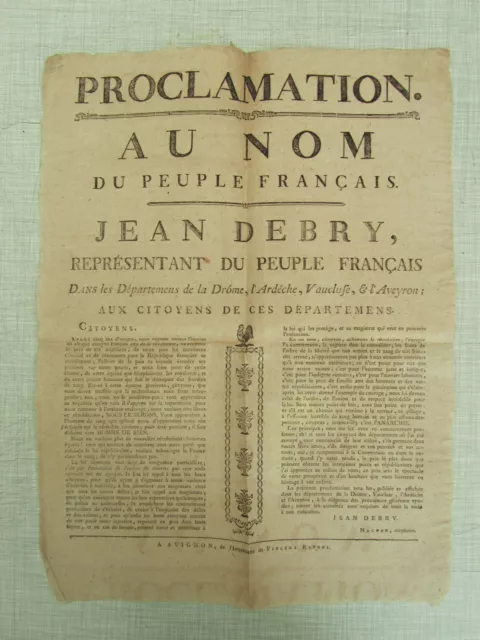 Placard affiche JEAN DEBRY Drôme Ardèche Vaucluse Aveyron anarchie vers 1790