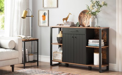 Armadio Autoportante con Cassetto e Ripiano Regolabile HOOBRO Armadietto in Stile Industriale Camera da Letto Corridoio EBF25CW01 Credenza con Doppia Anta a Persiana per Soggiorno Cucina 